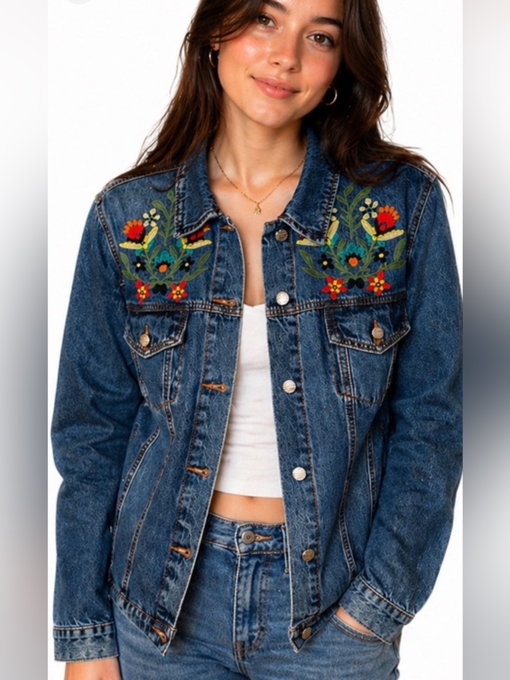 2765.New Embroidered Paris Collection Floral Denim Jacket in Dark Blue - Picture 1 of 3